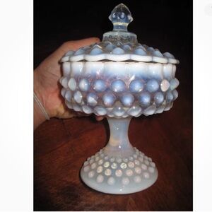 !IN SERCH OF! Opalescent Glass Fenton Hobnail Footed Compote Candy Dish with lid